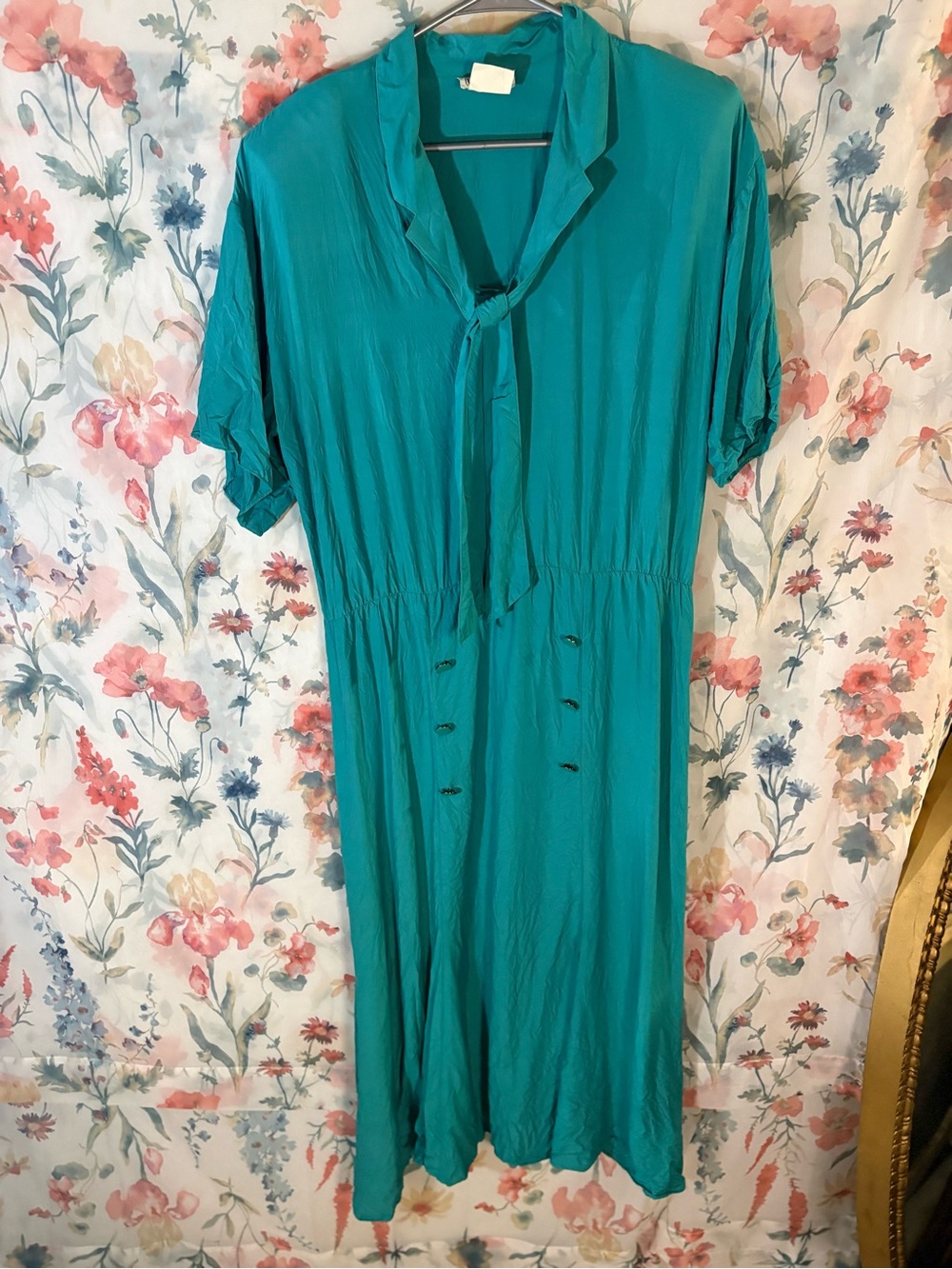 Vintage Teal Tie-Neck Midi Dress